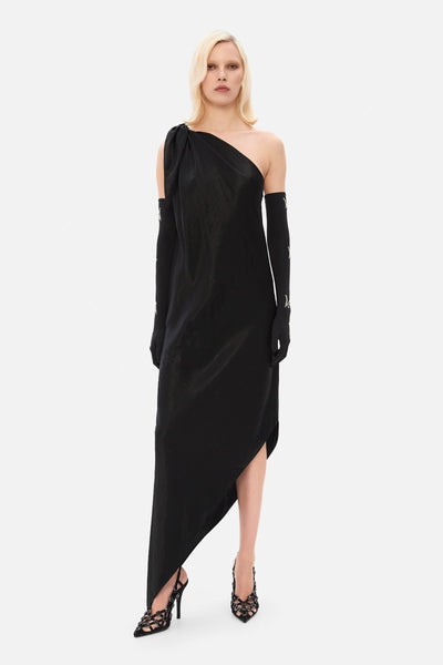 ワンピース Monochrome Peony Satin Dress - black Satin dress with crochet, Black - Sisley