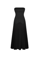 Black strapless Ariella dress on a white background, back view