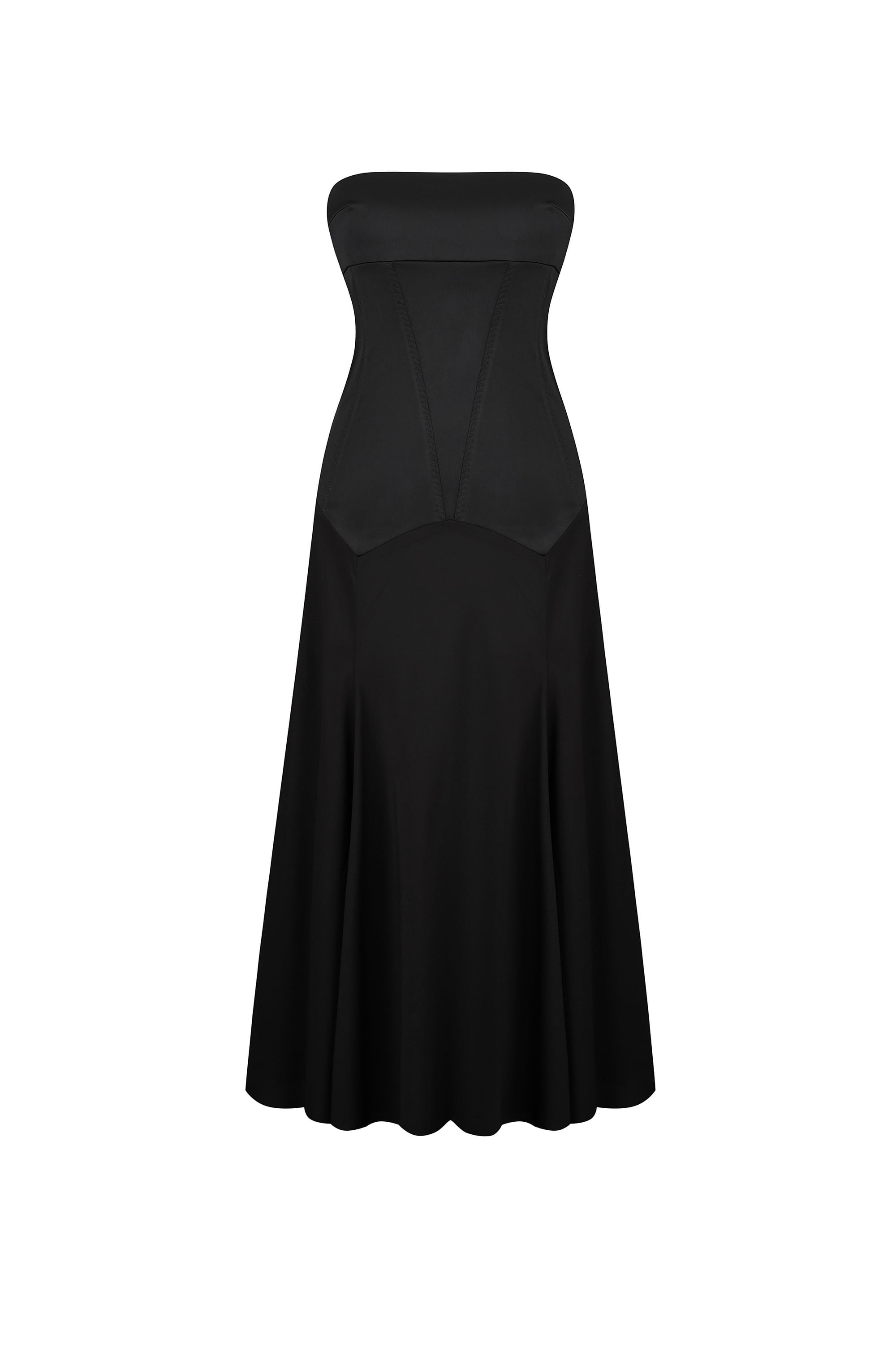 Black strapless Ariella dress on a white background, front view