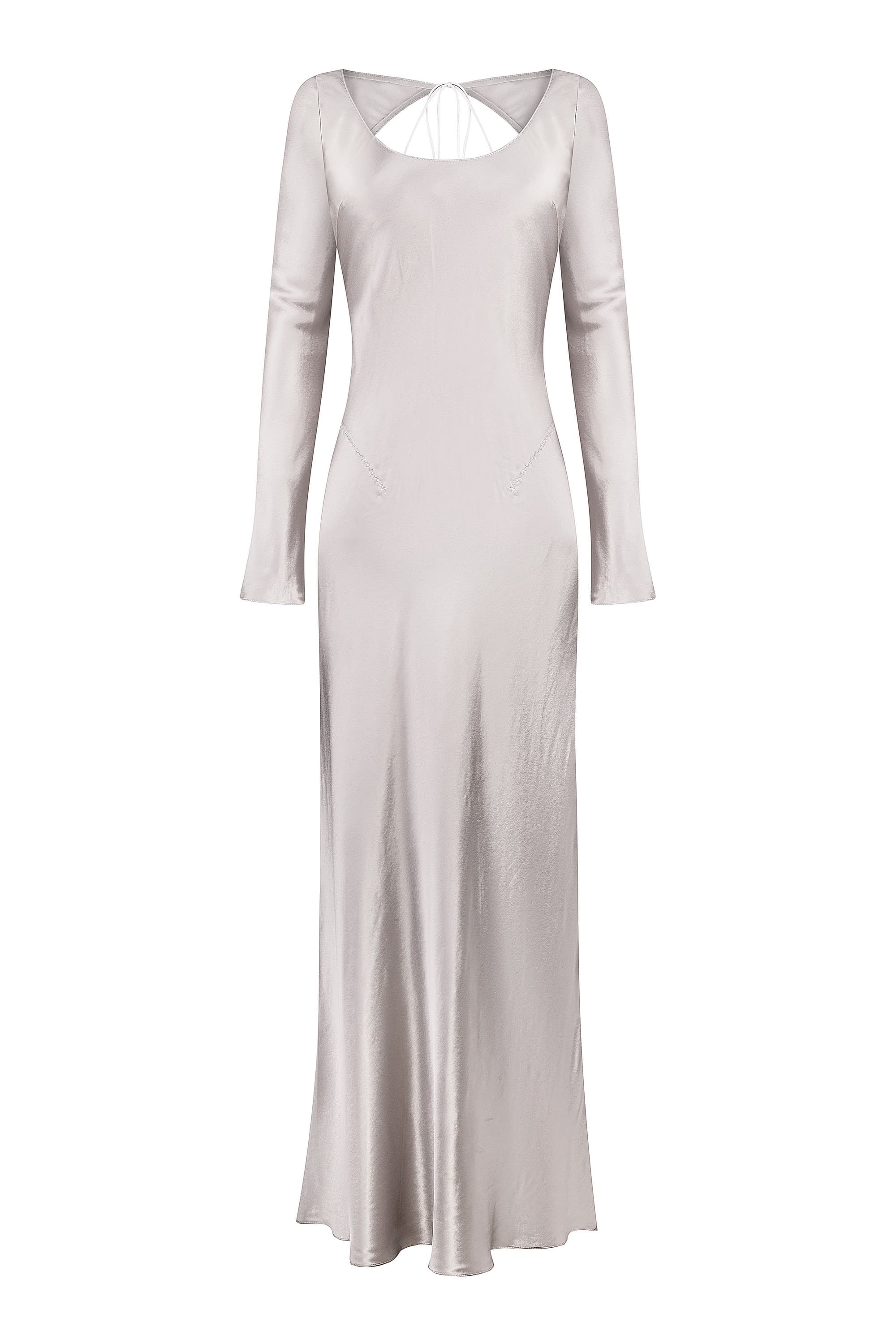 Long-sleeve Margit dress with cut-out back on a white background, front view