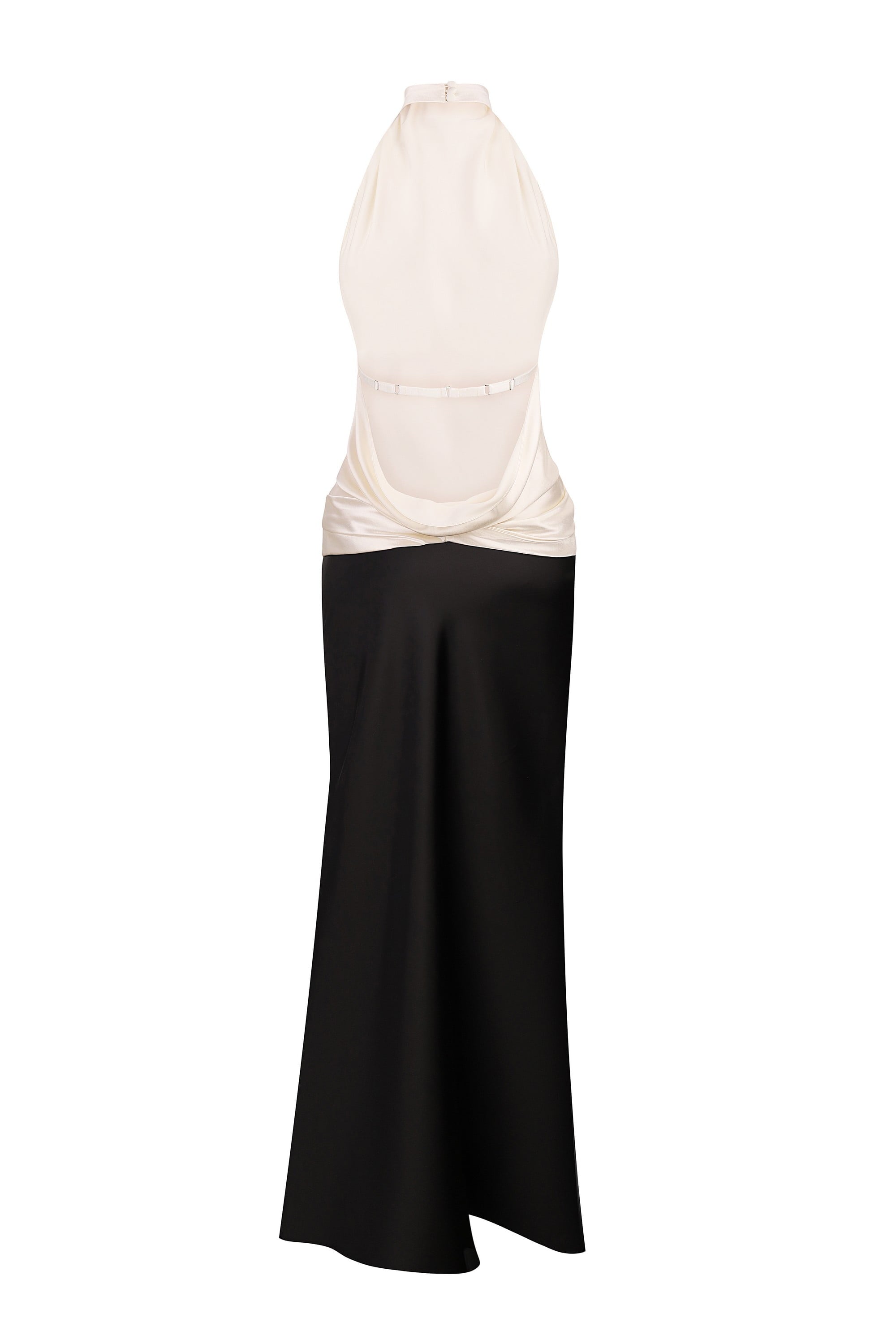 Two-tone dress with a white top and black skirt on a white background, back view