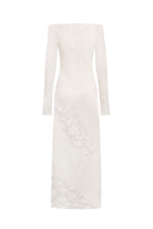 Ivory long-sleeve off-shoulder Santa dress with floral patterns on a white background, back view