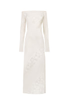 Ivory long-sleeve off-shoulder Santa dress with floral patterns on a white background, front view