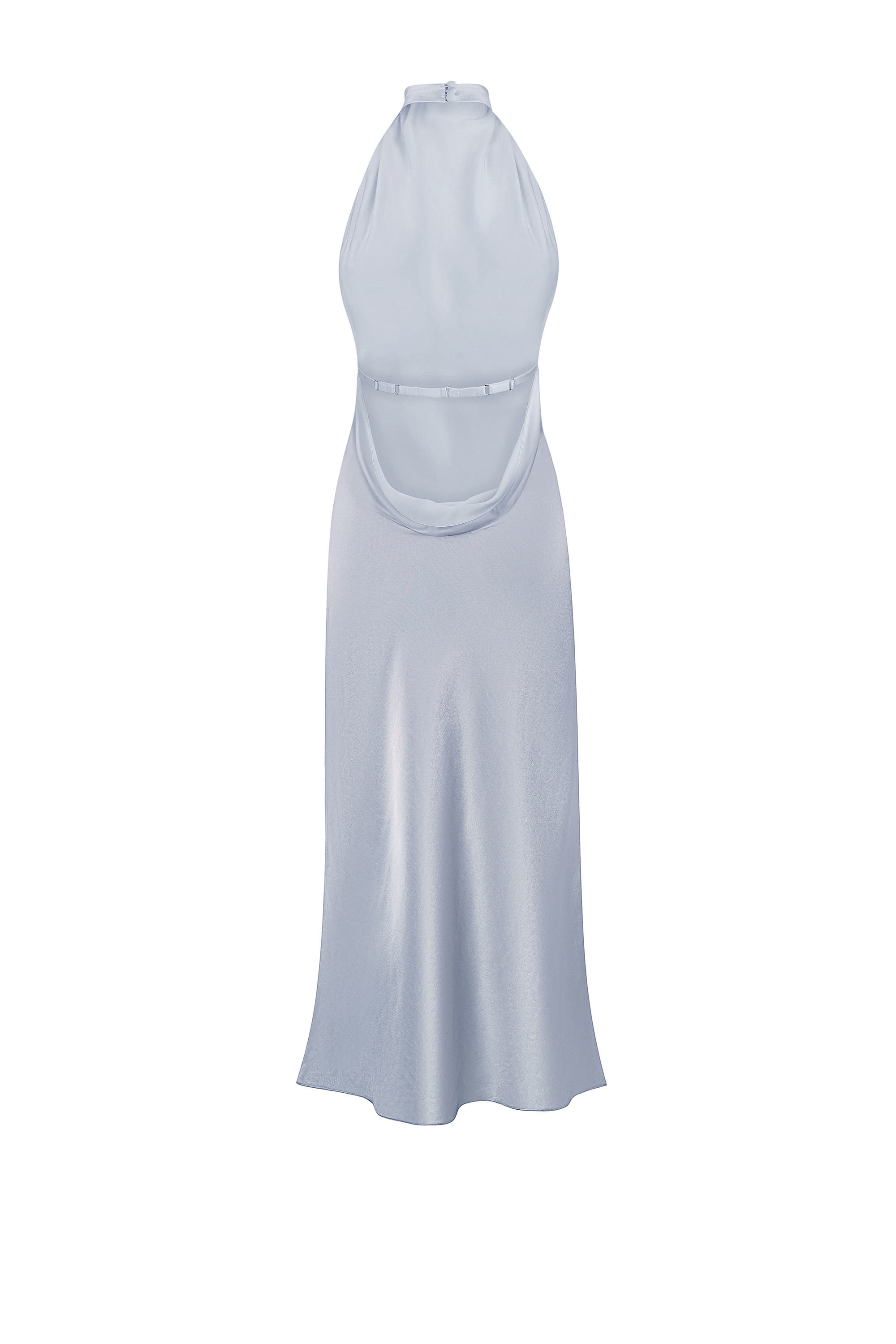 Silver halter neck Jordana dress on a white background, back view