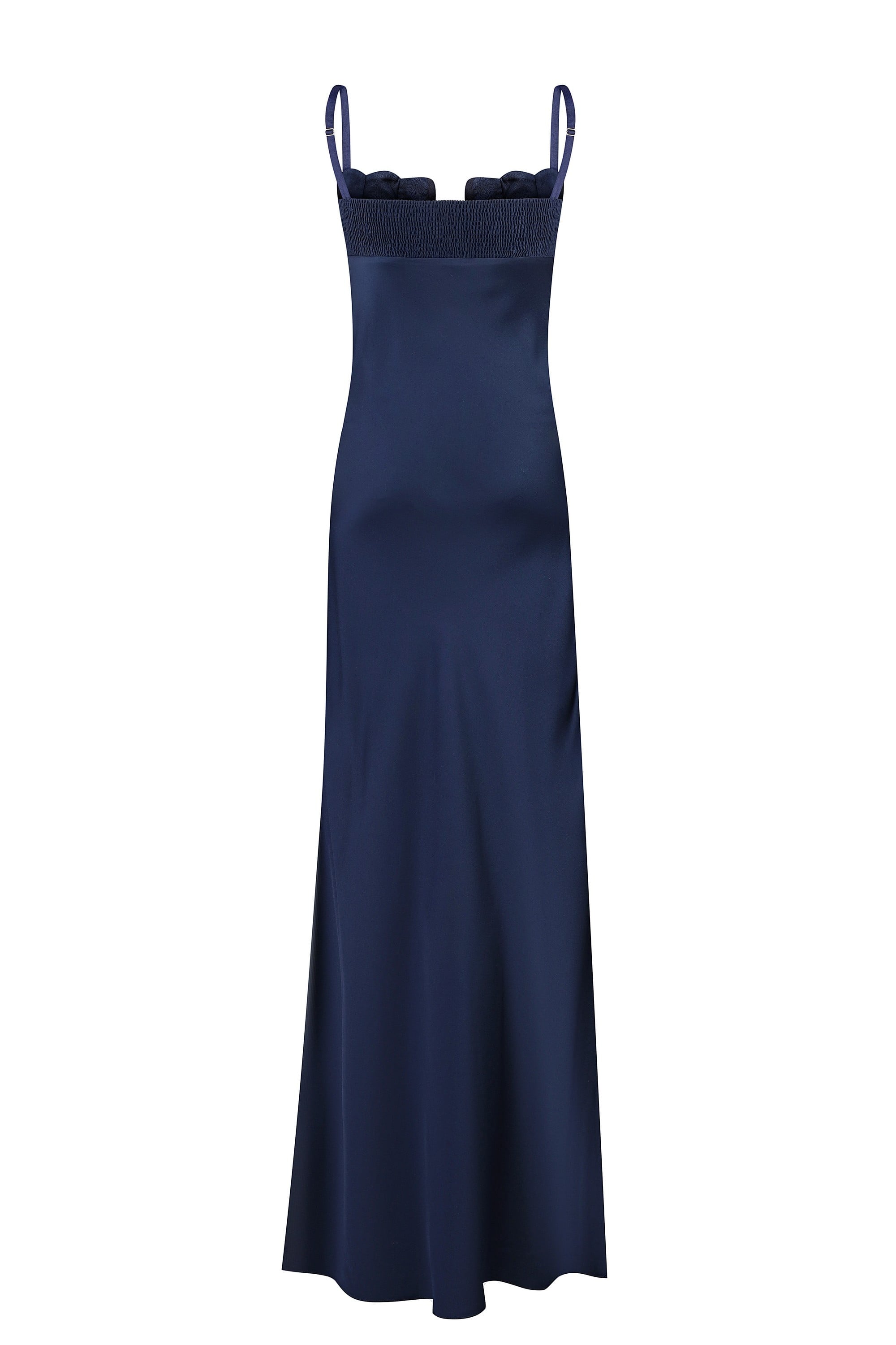 Blue Tulip dress with a textured bodice against a white background, back view