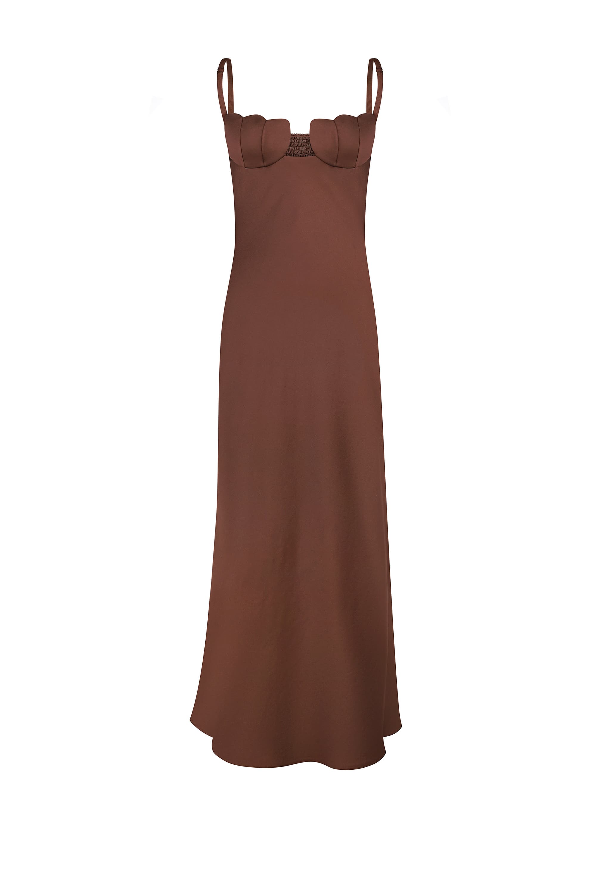 Brown Tulip dress with ruffled straps on a white background, front view