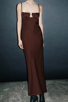 Brown evening Tulip dress on a dark background