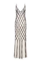 Ivory and black netted patterned with thin straps  Helena dress on a white background, back view