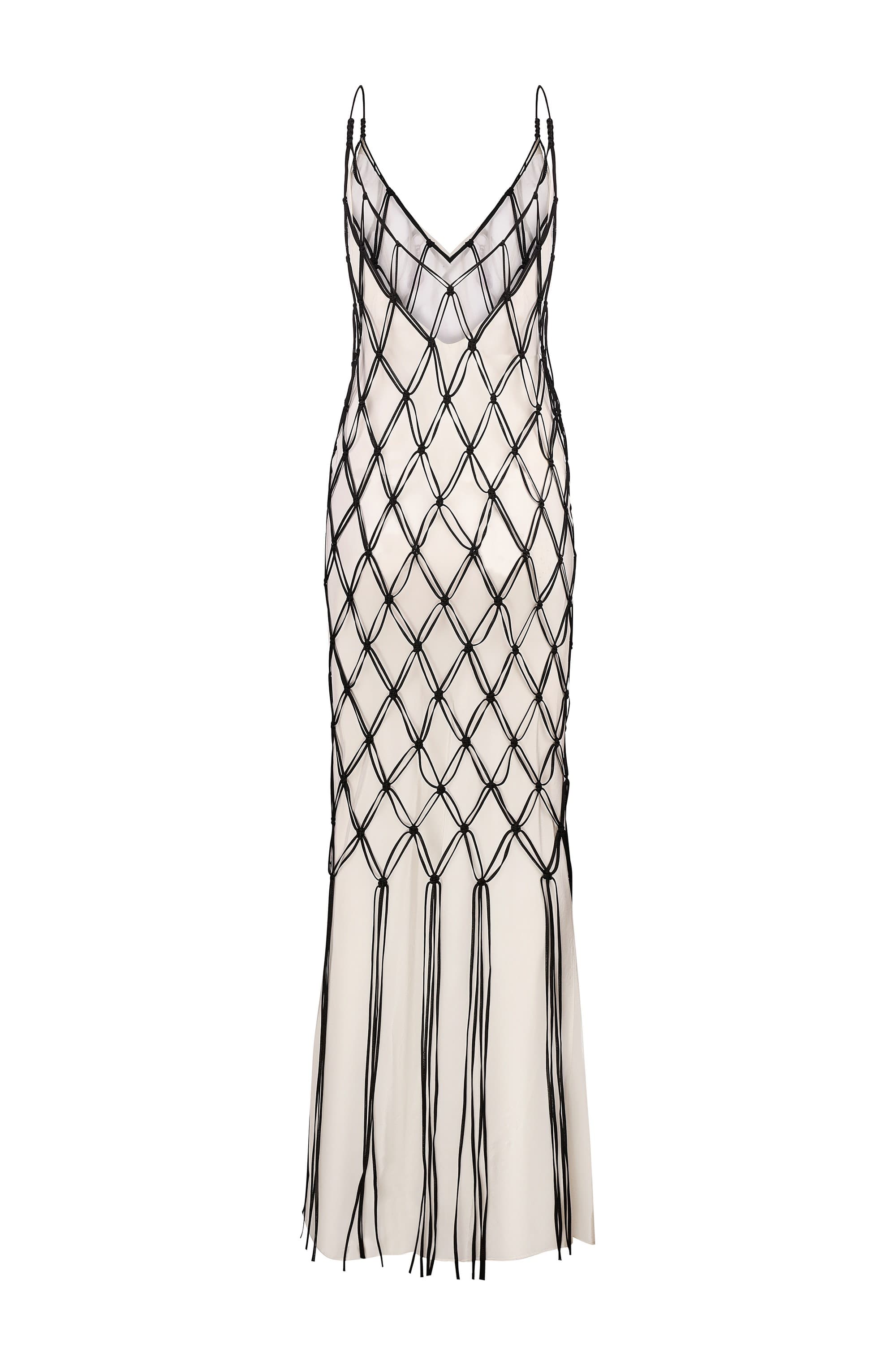 Ivory and black netted patterned with thin straps  Helena dress on a white background, back view