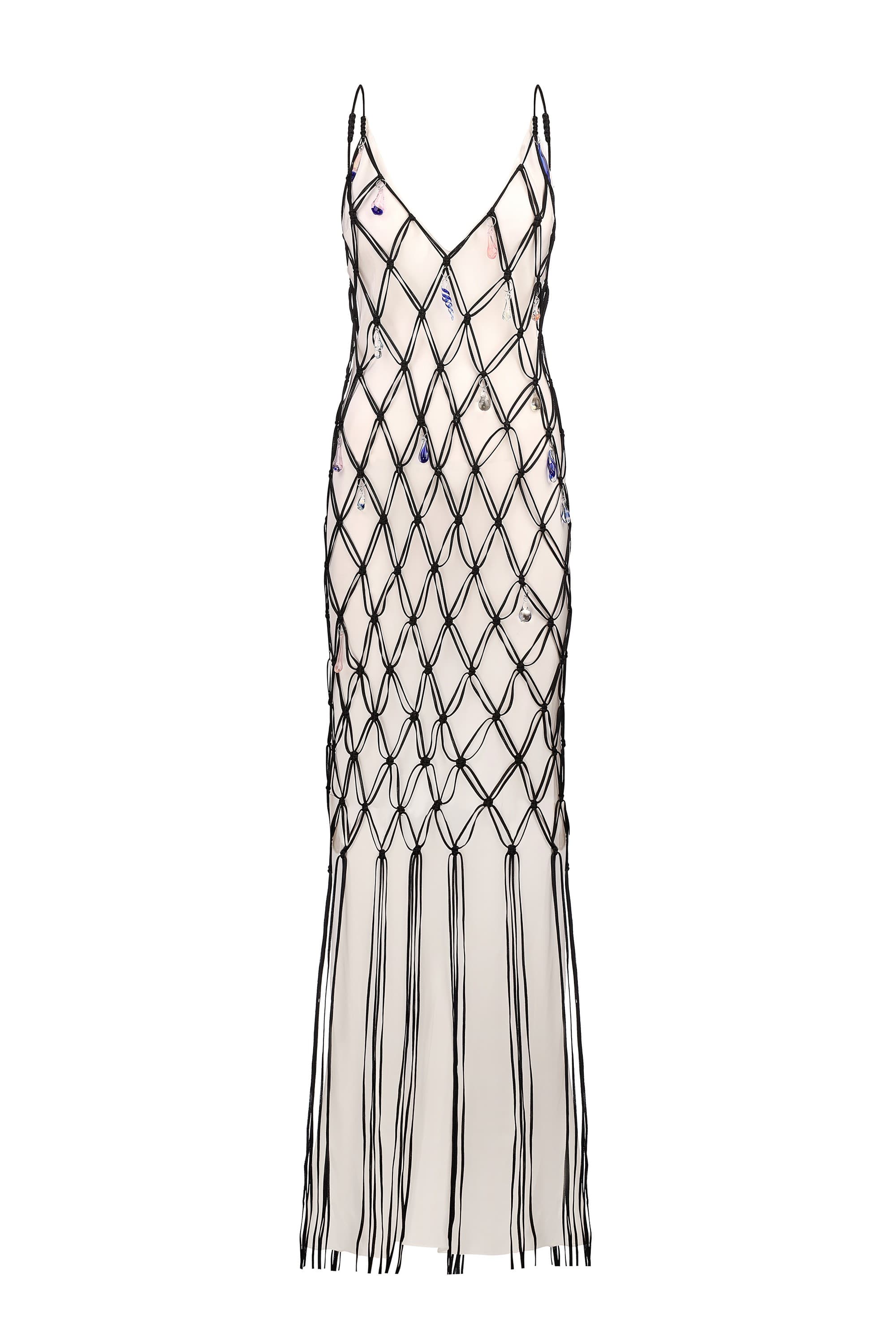 Ivory and black netted patterned with thin straps  Helena dress on a white background, front view