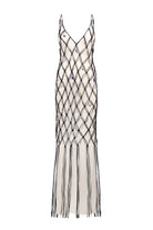 Ivory and black netted patterned with thin straps  Helena dress on a white background, front view