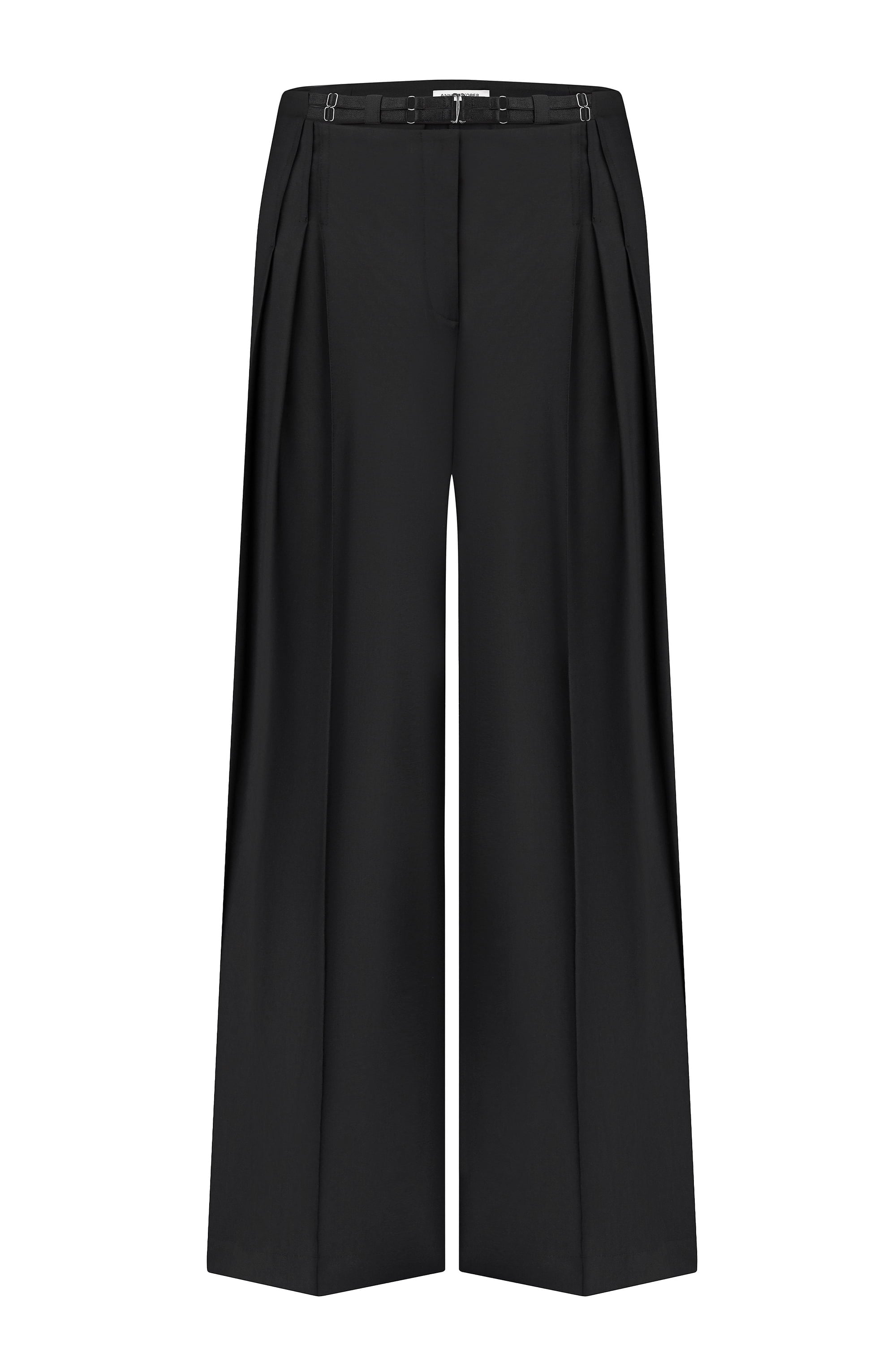 Black wide-leg Katherine pants on a white background, front view