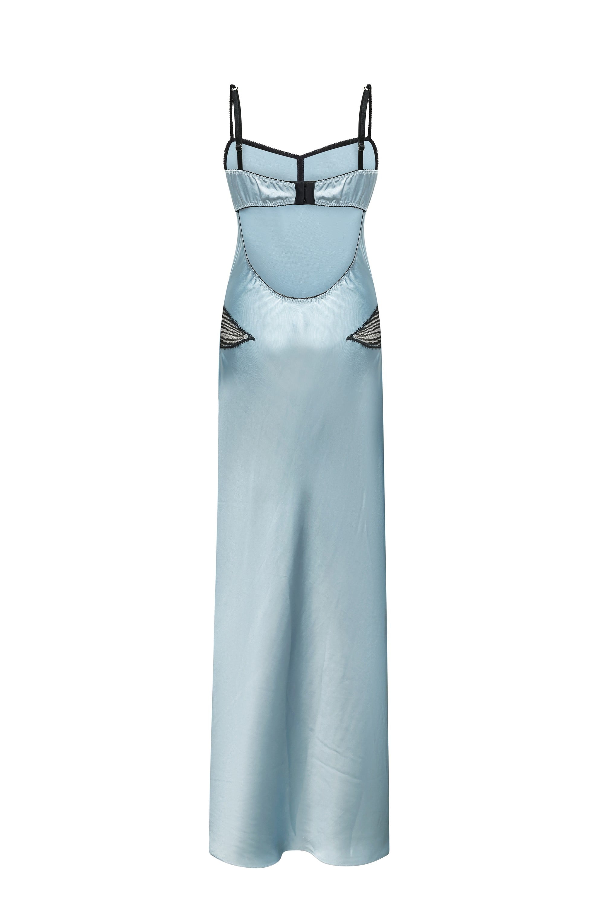 A light blue satin slip Daphne dress with thin black spaghetti straps and embroidered black feather details on the hips, shown against a plain white background, back view