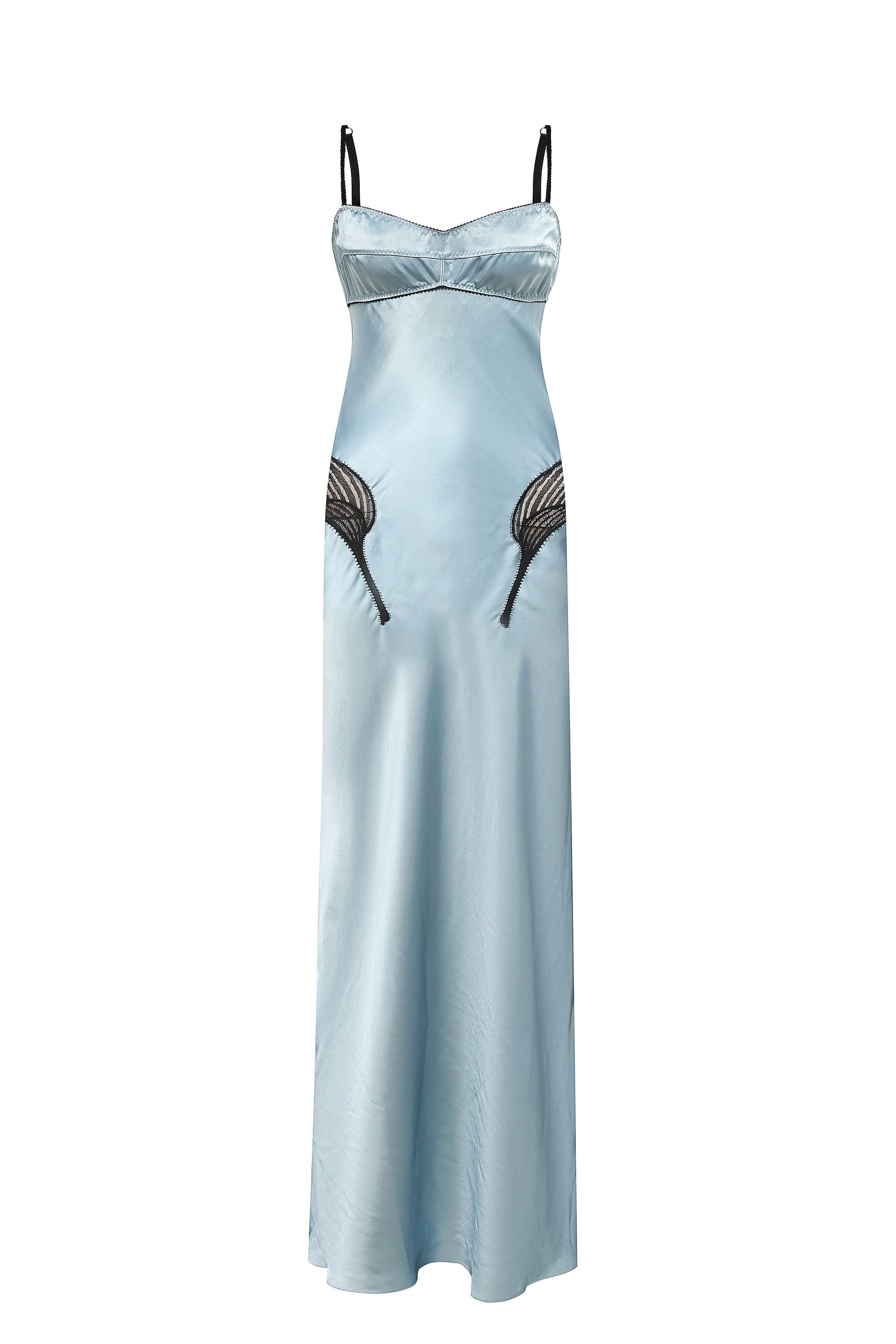A light blue satin slip Daphne dress with thin black spaghetti straps and embroidered black feather details on the hips, shown against a plain white background, front view