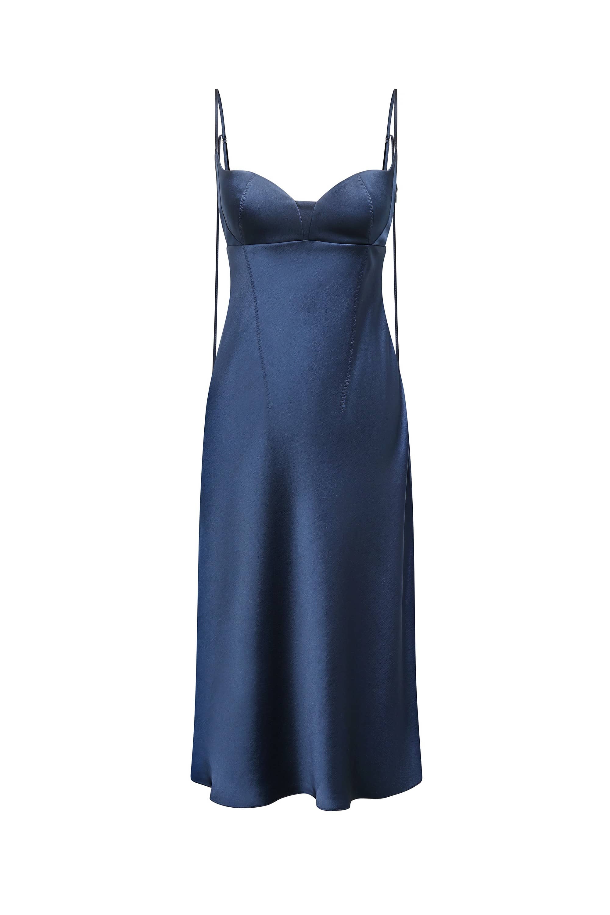 A navy blue satin slip Leona dress with thin spaghetti straps and a sweetheart neckline, shown against a plain white background, front view