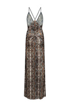 A floor-length slip Eliana dress with a snakeskin pattern in brown, beige, and gray tones, featuring thin double crossover shoulder straps and a gathered ruched waist detail, shown against a plain white background, back view