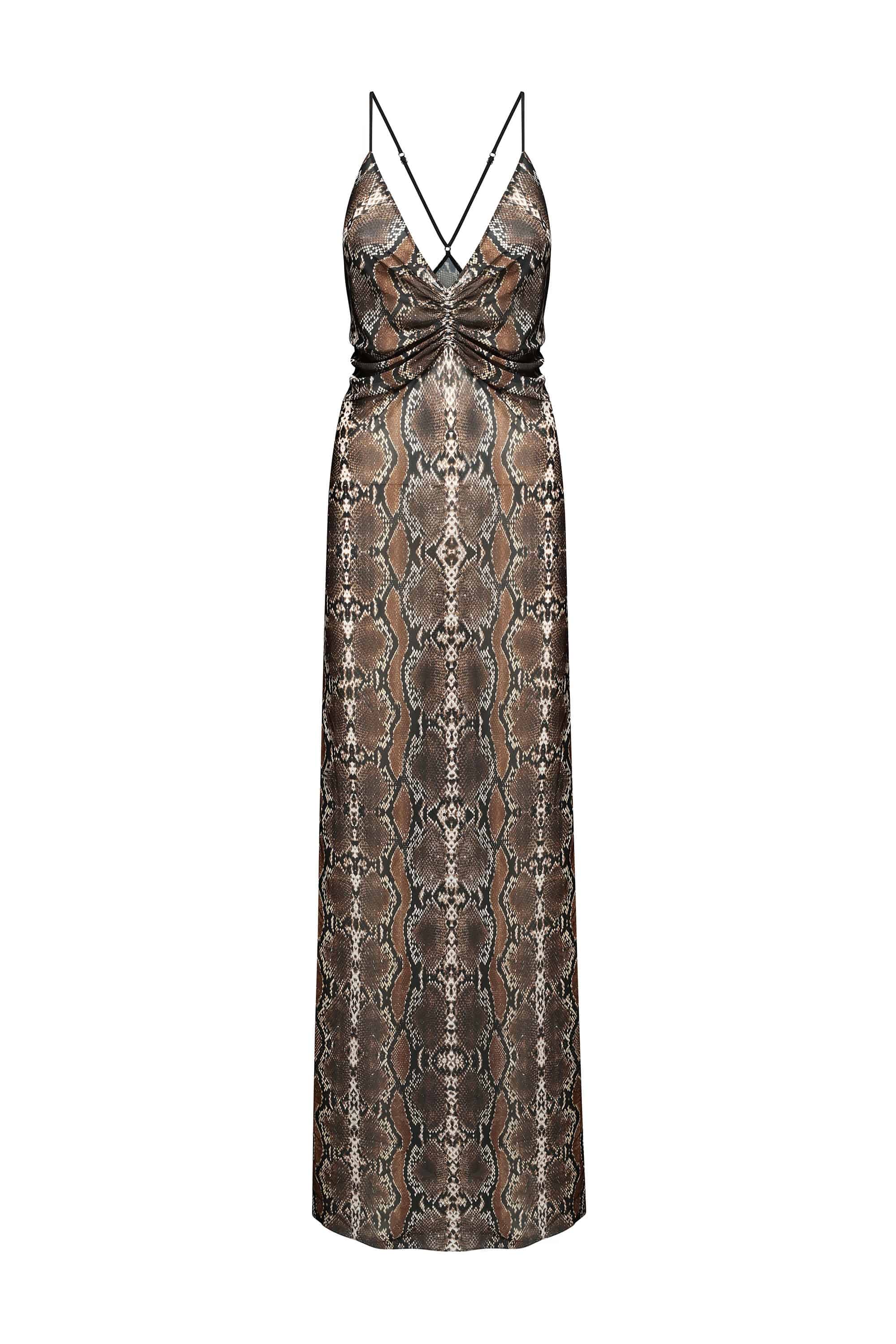 A floor-length sleeveless Eliana dress with thin double shoulder straps and a wrap-style V-neckline, featuring a metallic snakeskin pattern in bronze, brown, and gray tones. The bodice has a gathered bow detail at the waist, and the dress is shown against a plain white background, front view