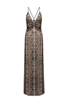A floor-length sleeveless Eliana dress with thin double shoulder straps and a wrap-style V-neckline, featuring a metallic snakeskin pattern in bronze, brown, and gray tones. The bodice has a gathered bow detail at the waist, and the dress is shown against a plain white background, front view