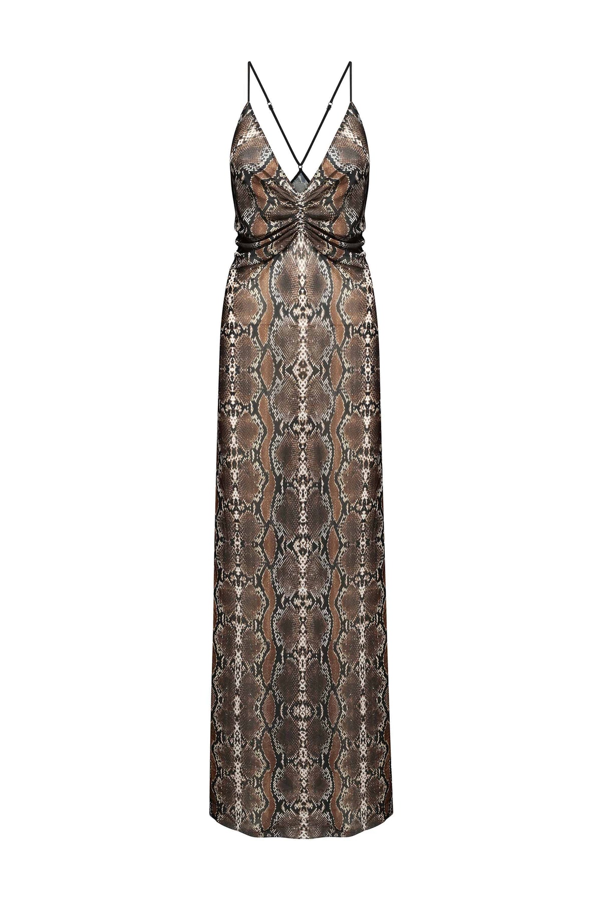 A floor-length sleeveless Eliana dress with thin double shoulder straps and a wrap-style V-neckline, featuring a metallic snakeskin pattern in bronze, brown, and gray tones. The bodice has a gathered bow detail at the waist, and the dress is shown against a plain white background, front view