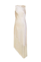 An ivory sleeveless Amiyra midi dress with a textured satin-like bodice and a long fringe hem, shown against a plain white background, front view