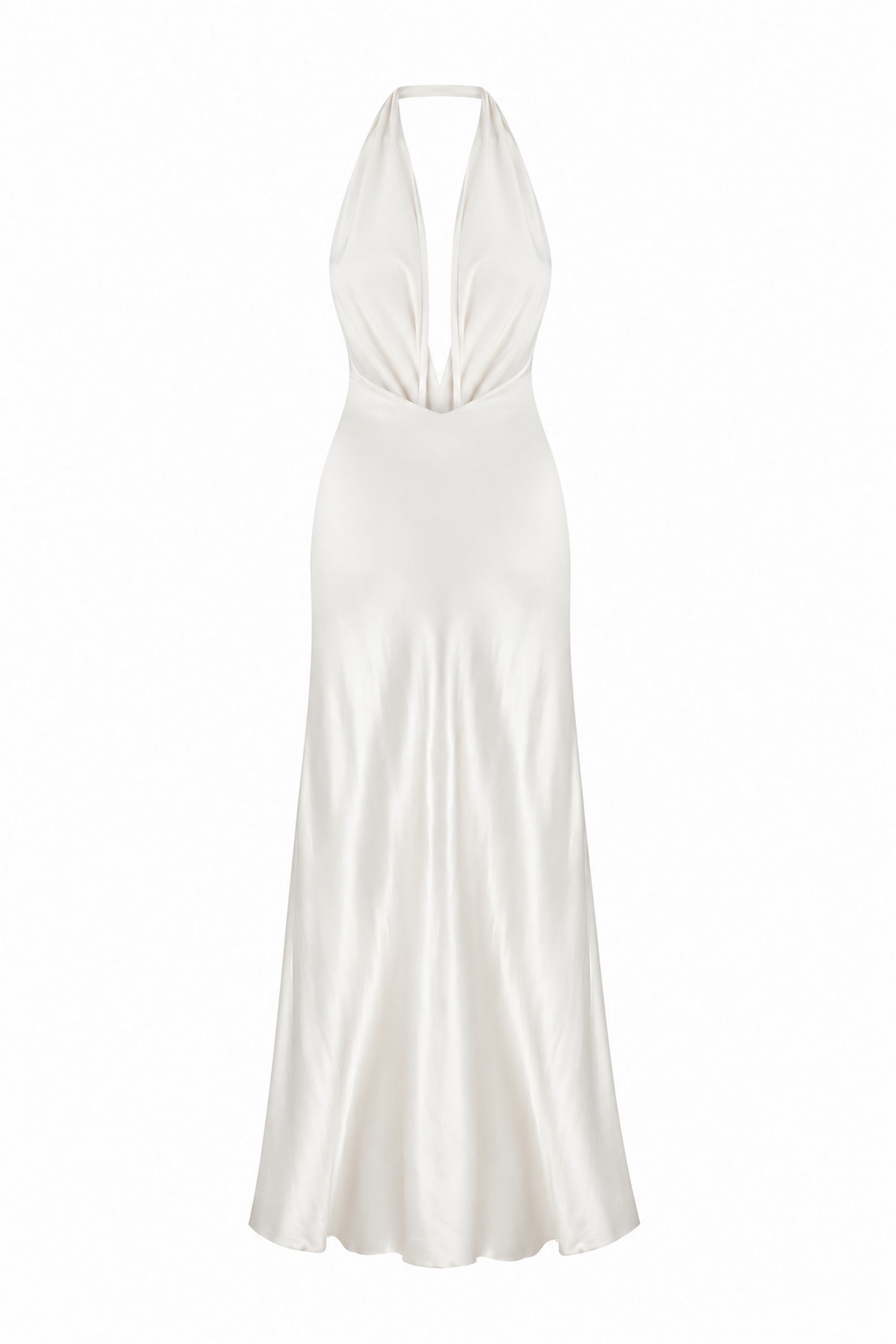 An ivory halter-neck maxi Ruth dress with a satin-like sheen and a knotted waist detail, shown against a plain white background, back view