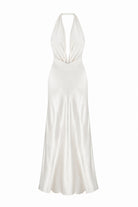 An ivory halter-neck maxi Ruth dress with a satin-like sheen and a knotted waist detail, shown against a plain white background, back view