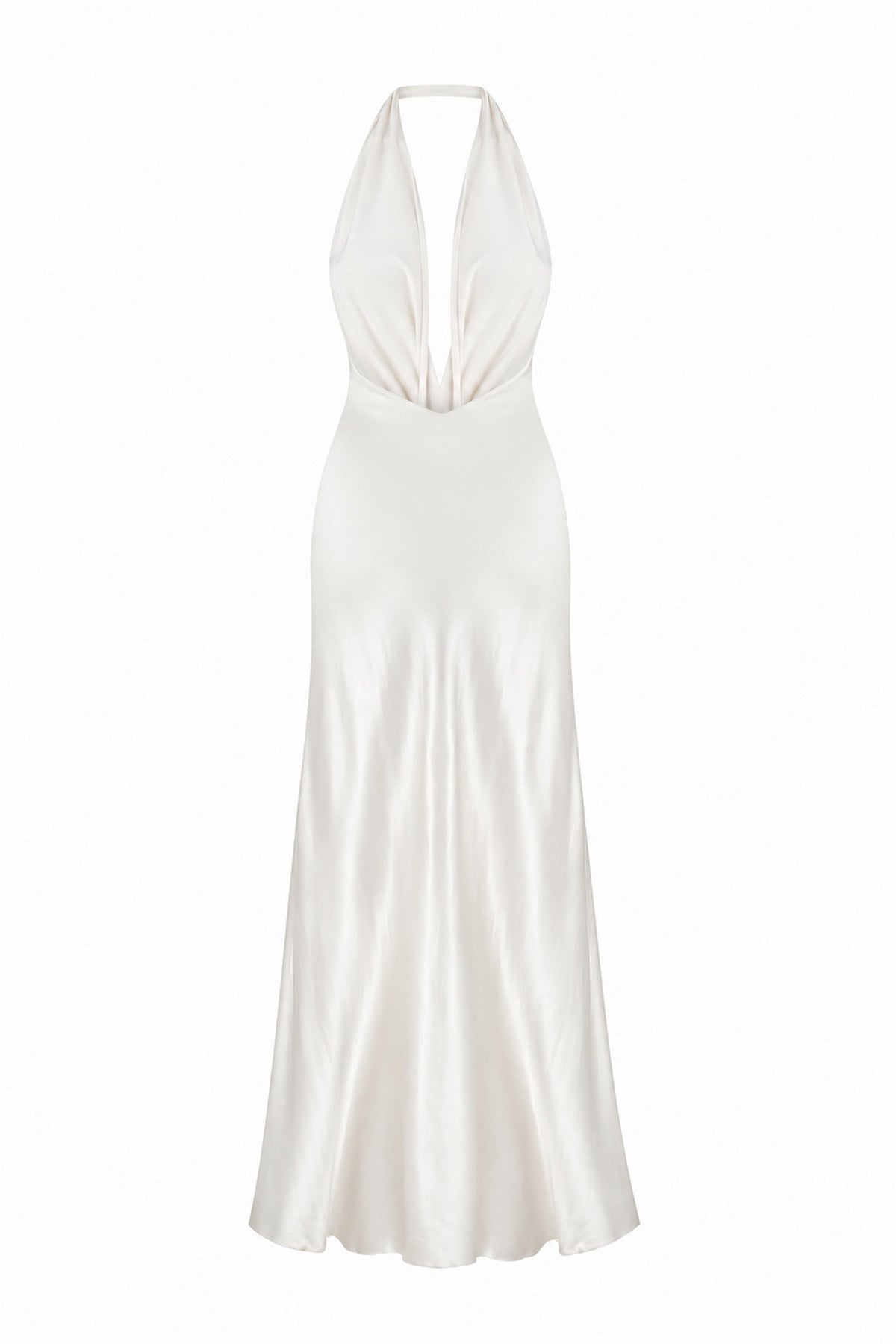 An ivory halter-neck maxi Ruth dress with a satin-like sheen and a knotted waist detail, shown against a plain white background, back view