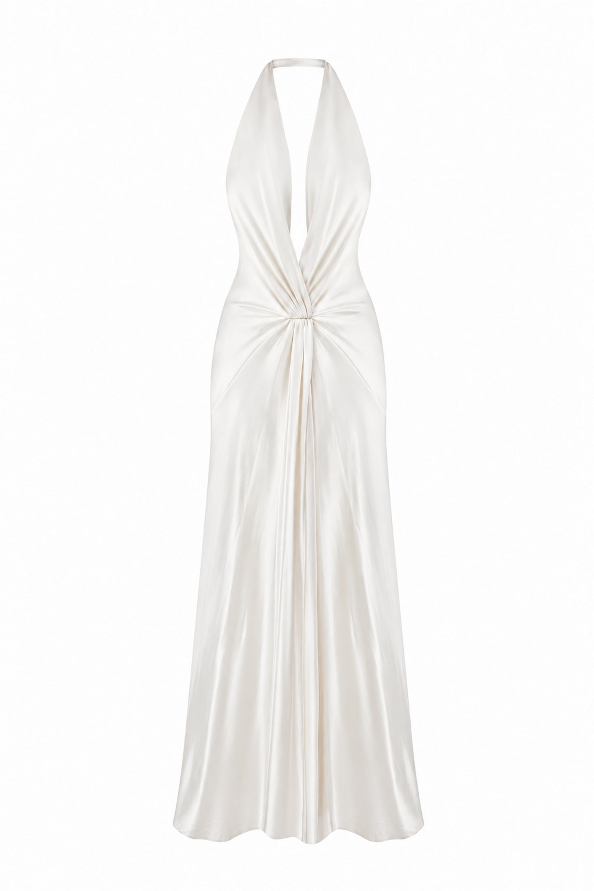 An ivory halter-neck maxi Ruth dress with a satin-like sheen and a knotted waist detail, shown against a plain white background, front view