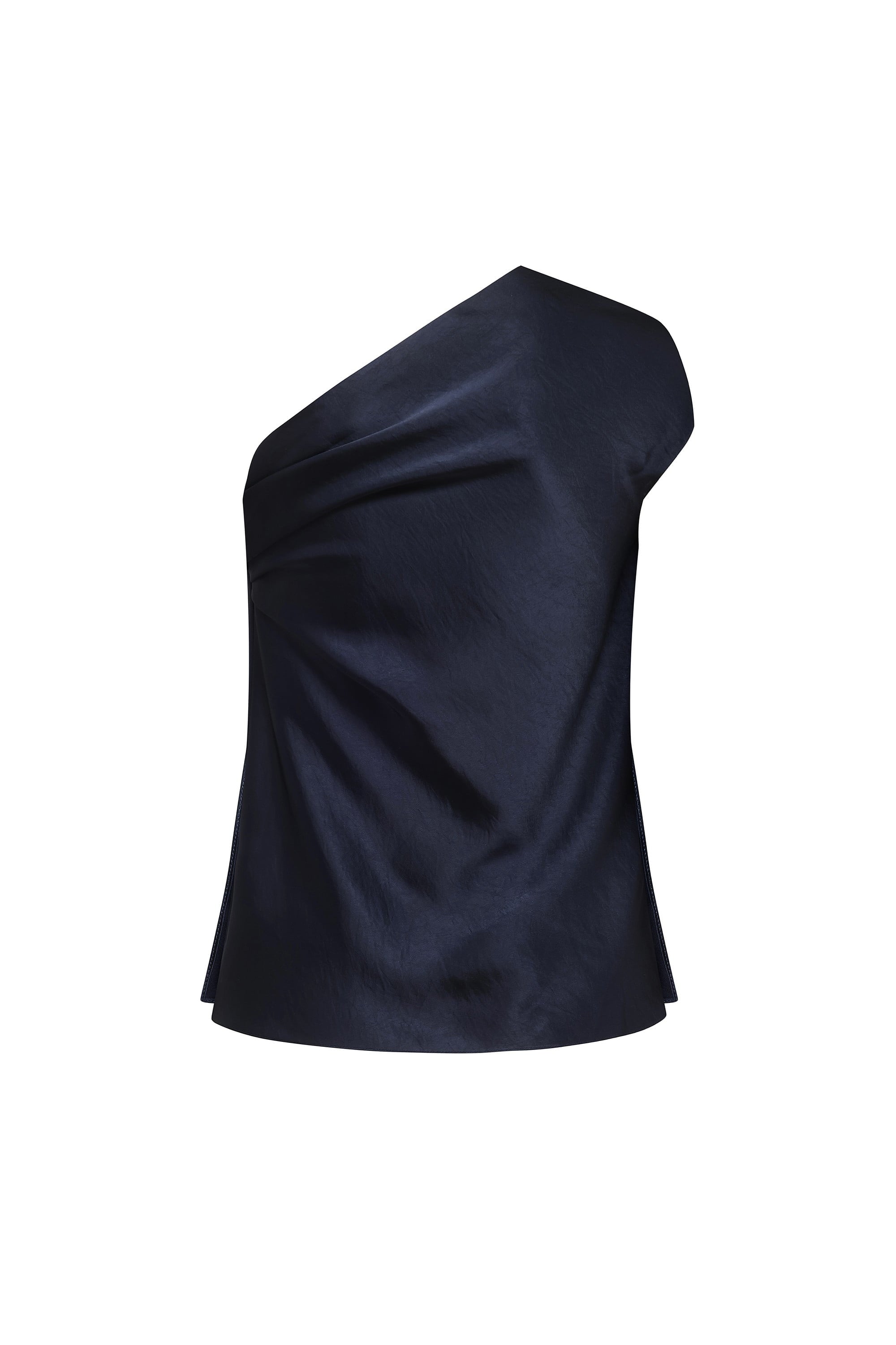 A dark navy blue draped one-shoulder Paris top with a glossy satin-like finish, shown against a plain white background, back view