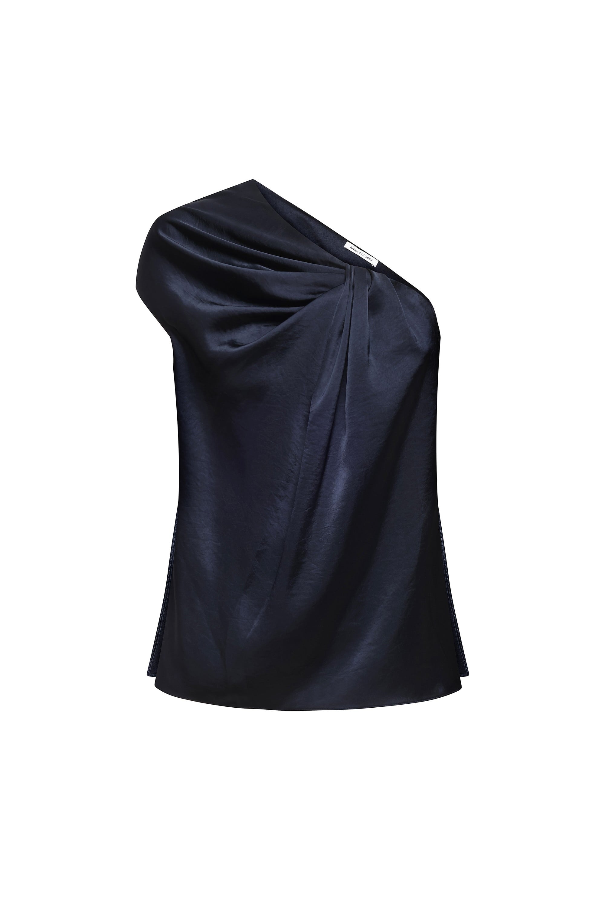 A dark navy blue draped one-shoulder Paris top with a glossy satin-like finish, shown against a plain white background, front view