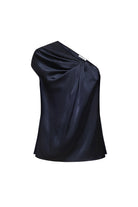 A dark navy blue draped one-shoulder Paris top with a glossy satin-like finish, shown against a plain white background, front view