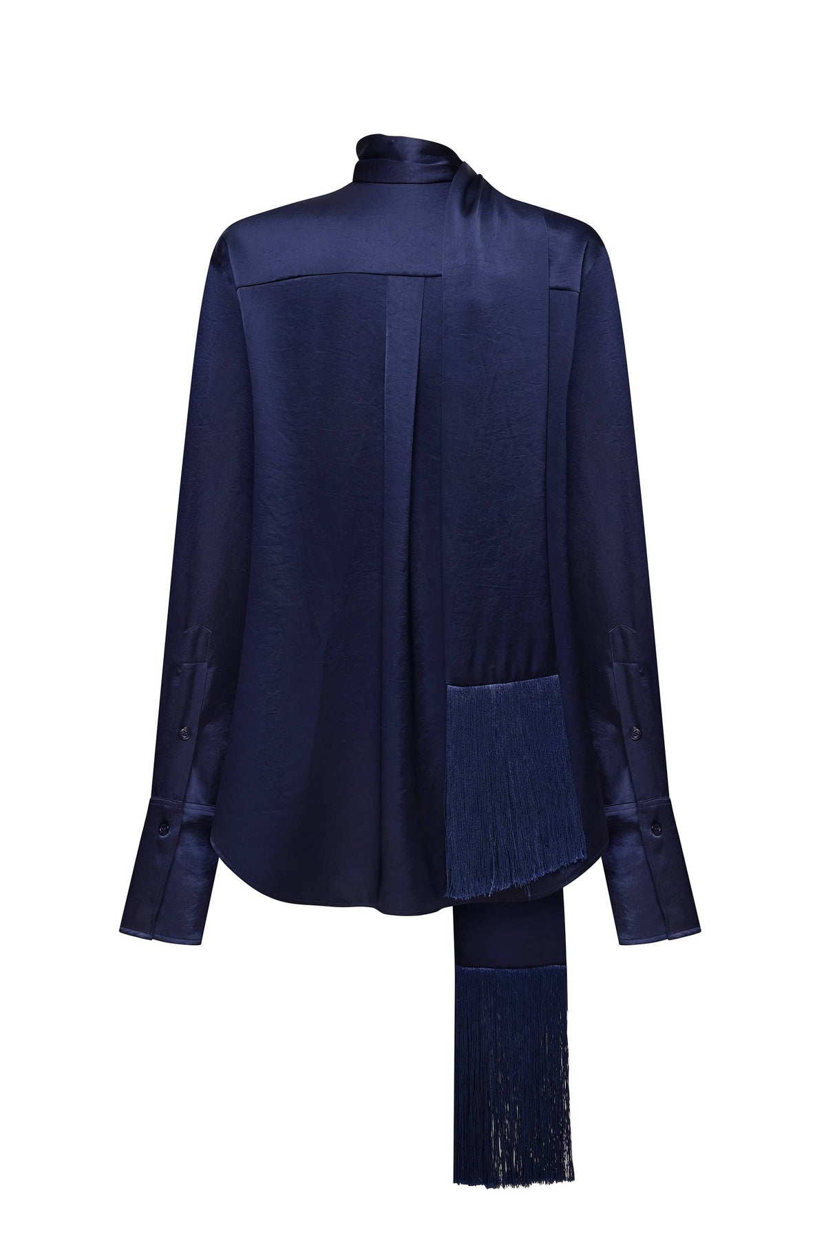 A dark navy blue long-sleeve Lydia blouse with a high mock neck, draped front panels, and a matching fringed scarf hanging from the waist, shown against a plain white background, back view