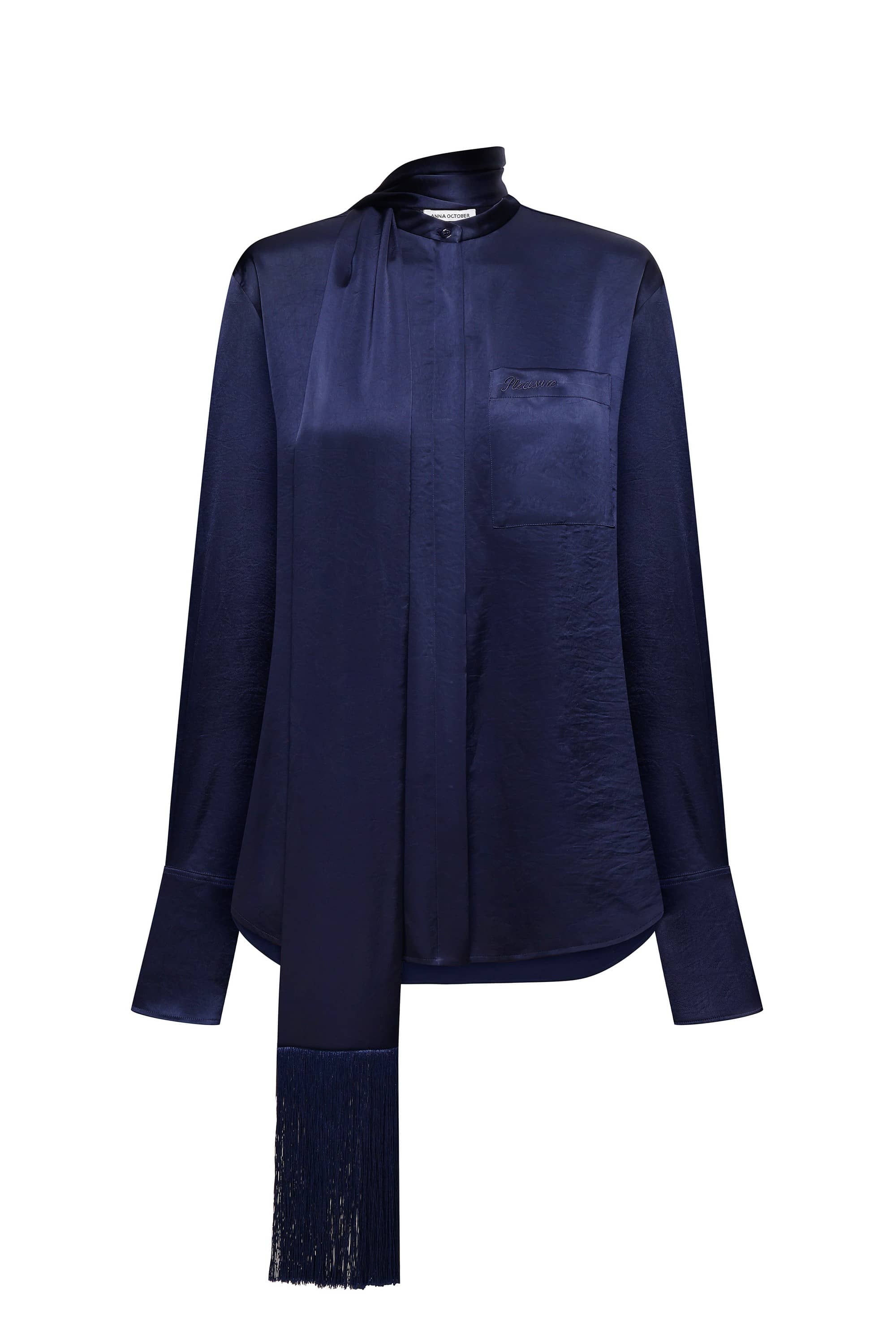 A dark navy blue long-sleeve silk Lydia blouse with a high mock neck, front button placket, chest pocket, and a long matching fringed scarf draped over the front, shown on a plain white background