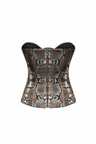 A structured bustier Raya corset with a brown and black snakeskin pattern, shown against a plain white background, back view