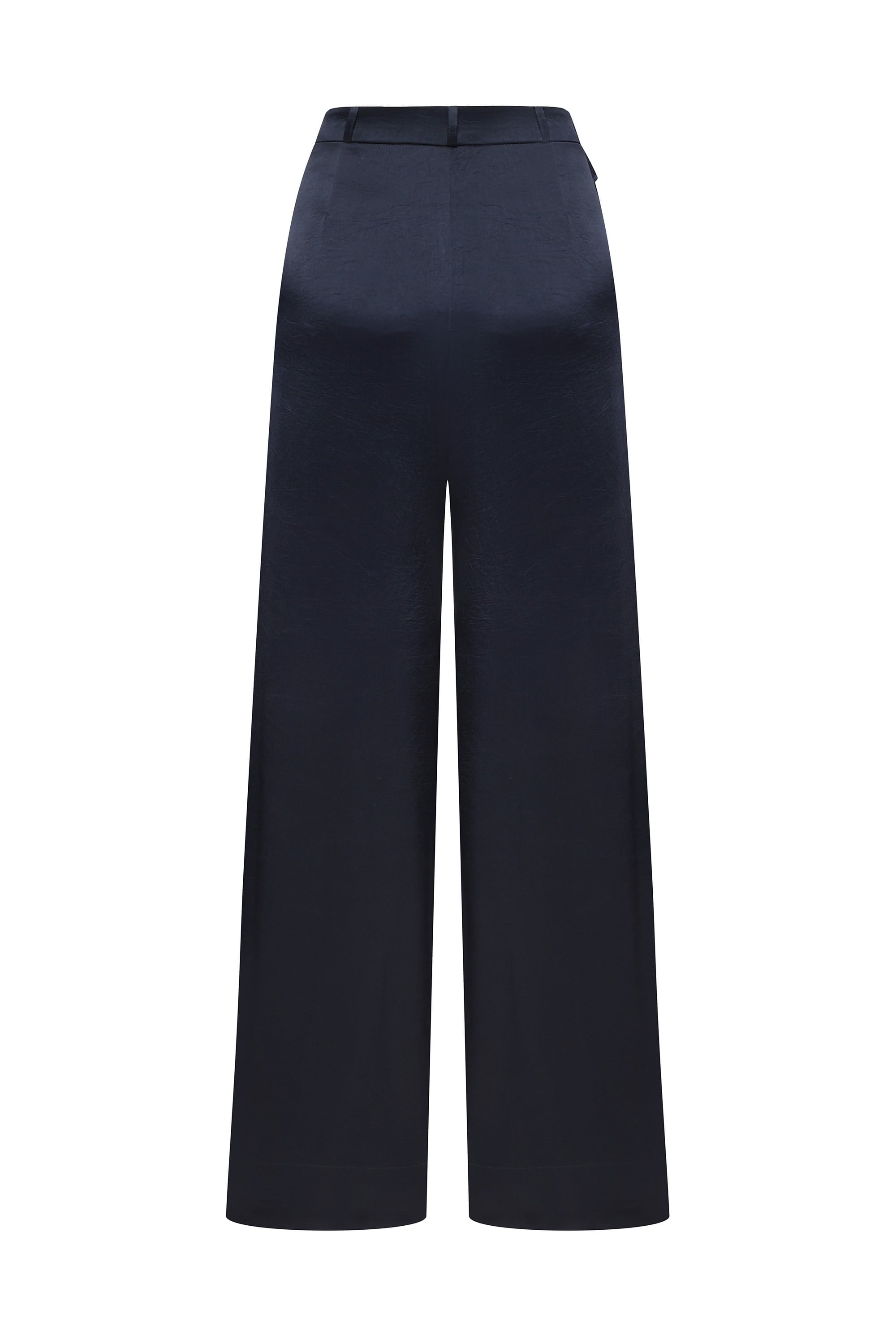 A pair of dark navy wide-leg Katerina trousers with a high waist and front pleats, shown against a plain white background, back view