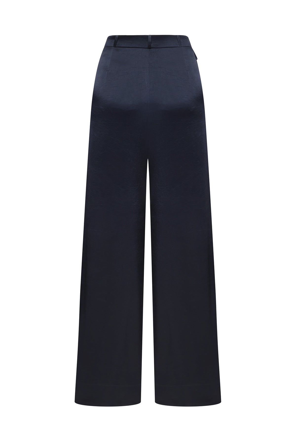A pair of dark navy wide-leg Katerina trousers with a high waist and front pleats, shown against a plain white background, back view