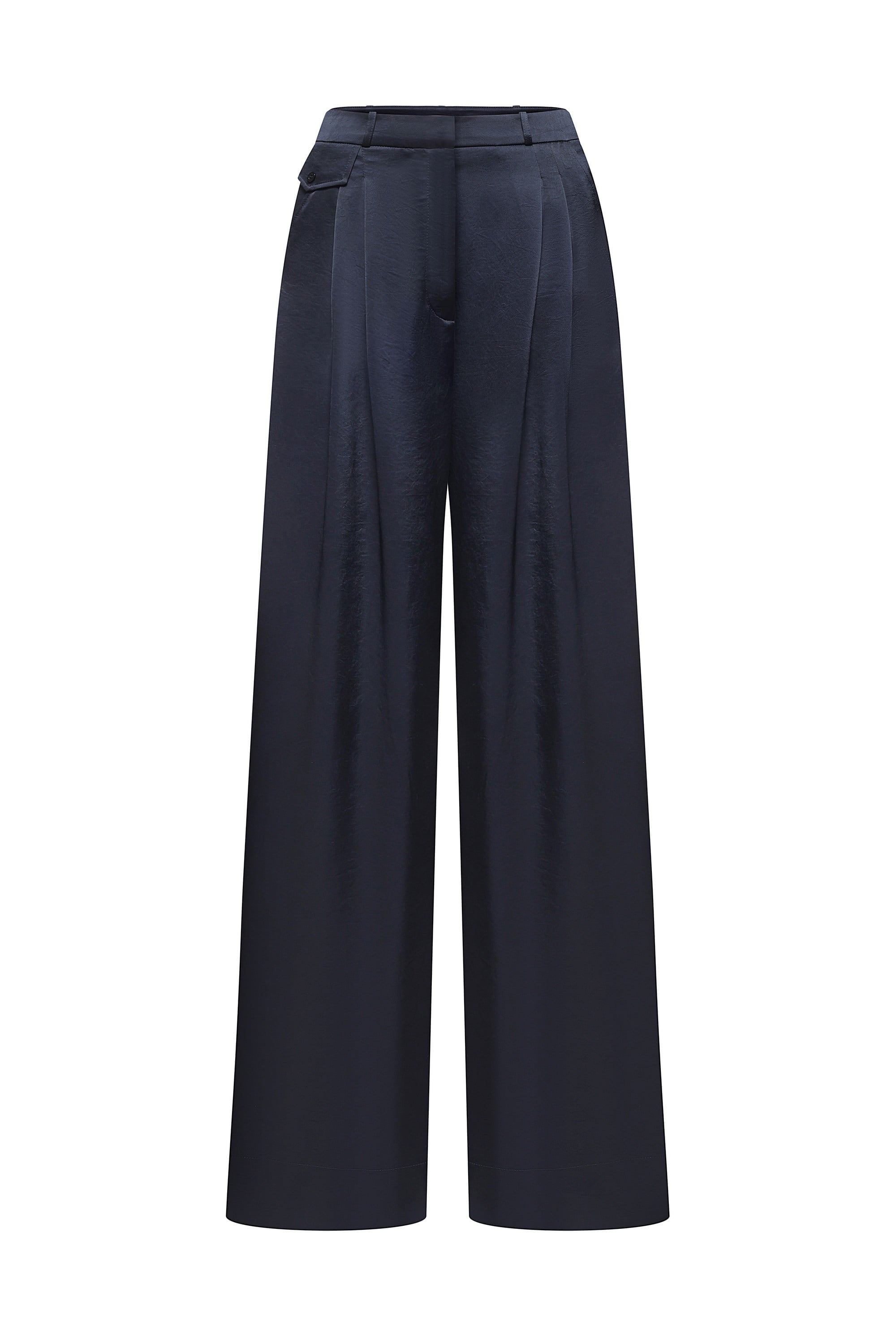 A pair of dark navy wide-leg Katerina trousers with a high waist and front pleats, shown against a plain white background, front view