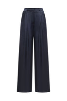 A pair of dark navy wide-leg Katerina trousers with a high waist and front pleats, shown against a plain white background, front view