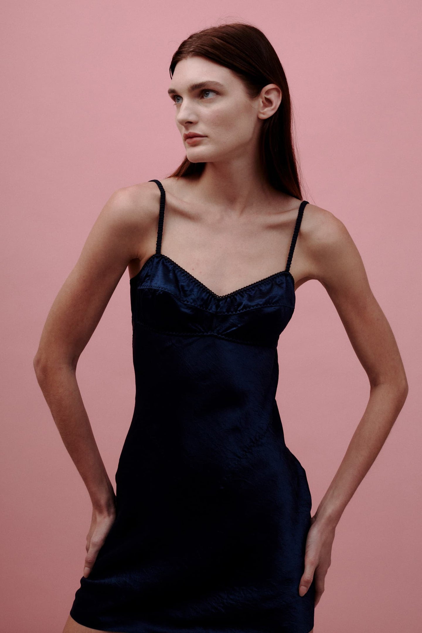 Model in Mini Waterlily dark blue dress