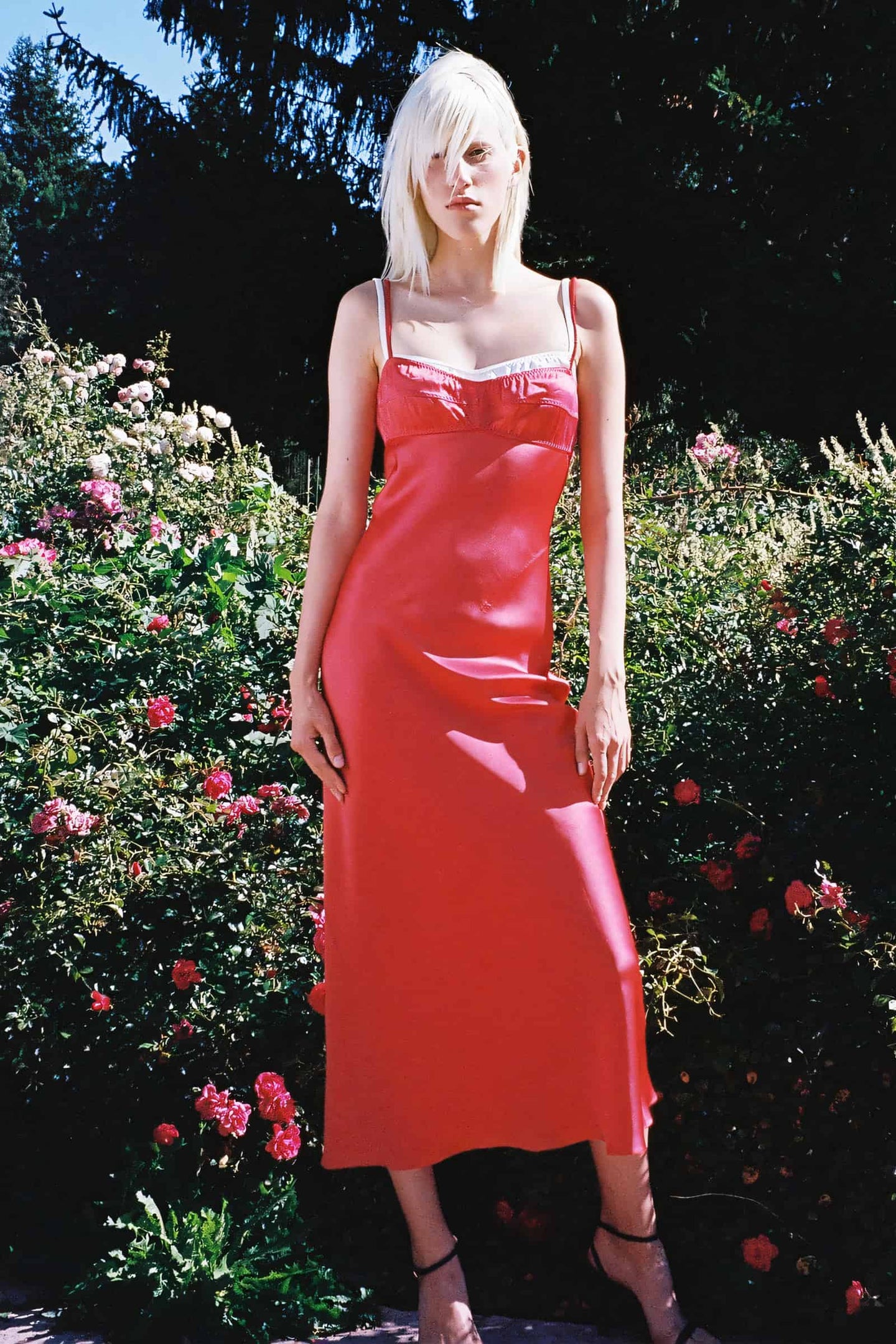 Model in red Waterlily Lux dress