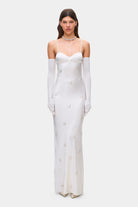 Bustier style bodice Beaded Waterlily maxi dress with embroidery front view
