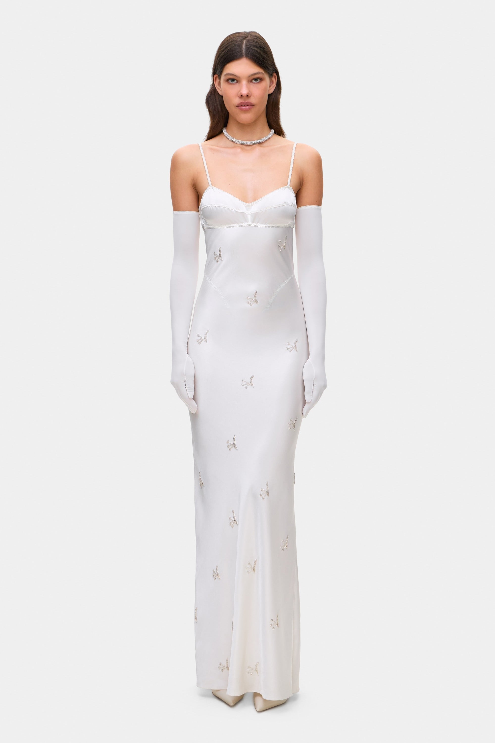 Bustier style bodice Beaded Waterlily maxi dress with embroidery front view
