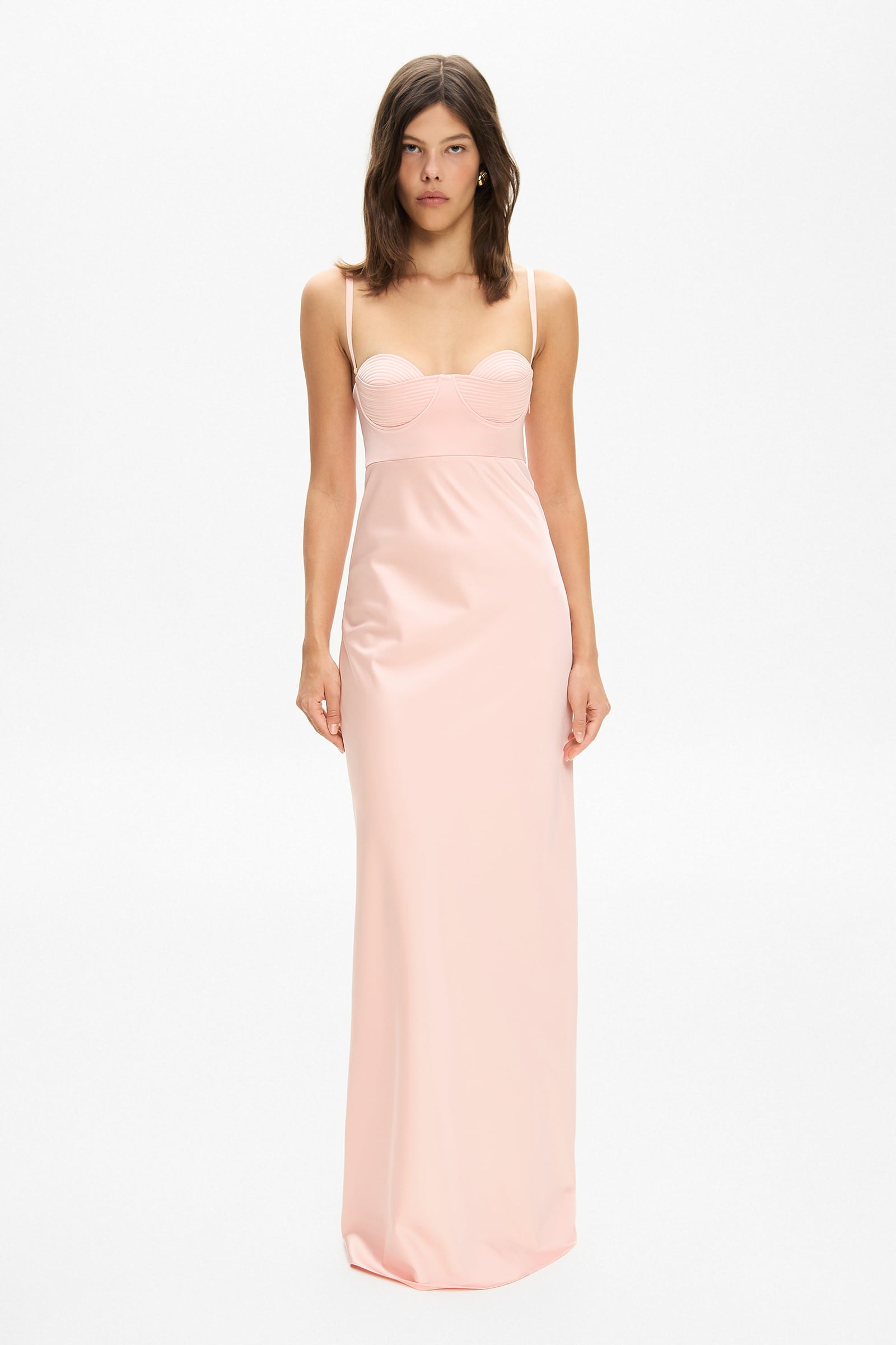 Model in Octavia maxi dress with cups and removable straps front view