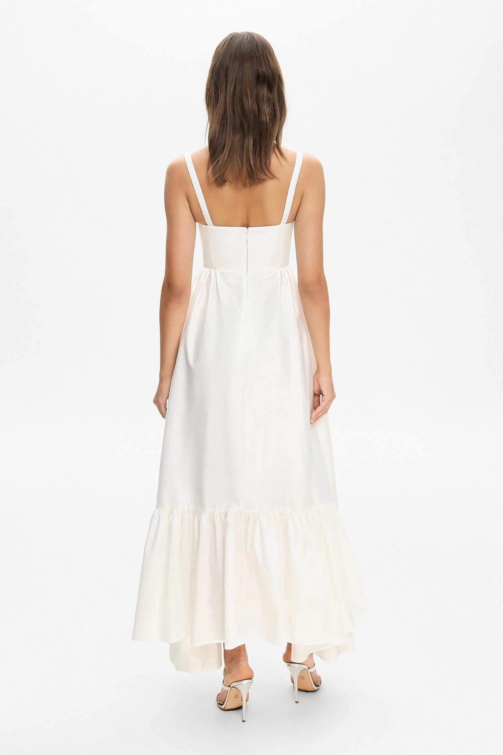 Model in A-silhouette Swan maxi dress with cups back view