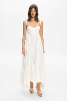 Model in A-silhouette Swan maxi dress with cups front view