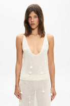 Model in Silhouette knitted Lula top with straps handmade front view