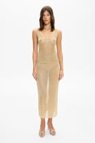Model in Roxanne midi straight skirt front view