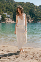 Knitted midi Gertruda skirt with decorated flovers handmade front view