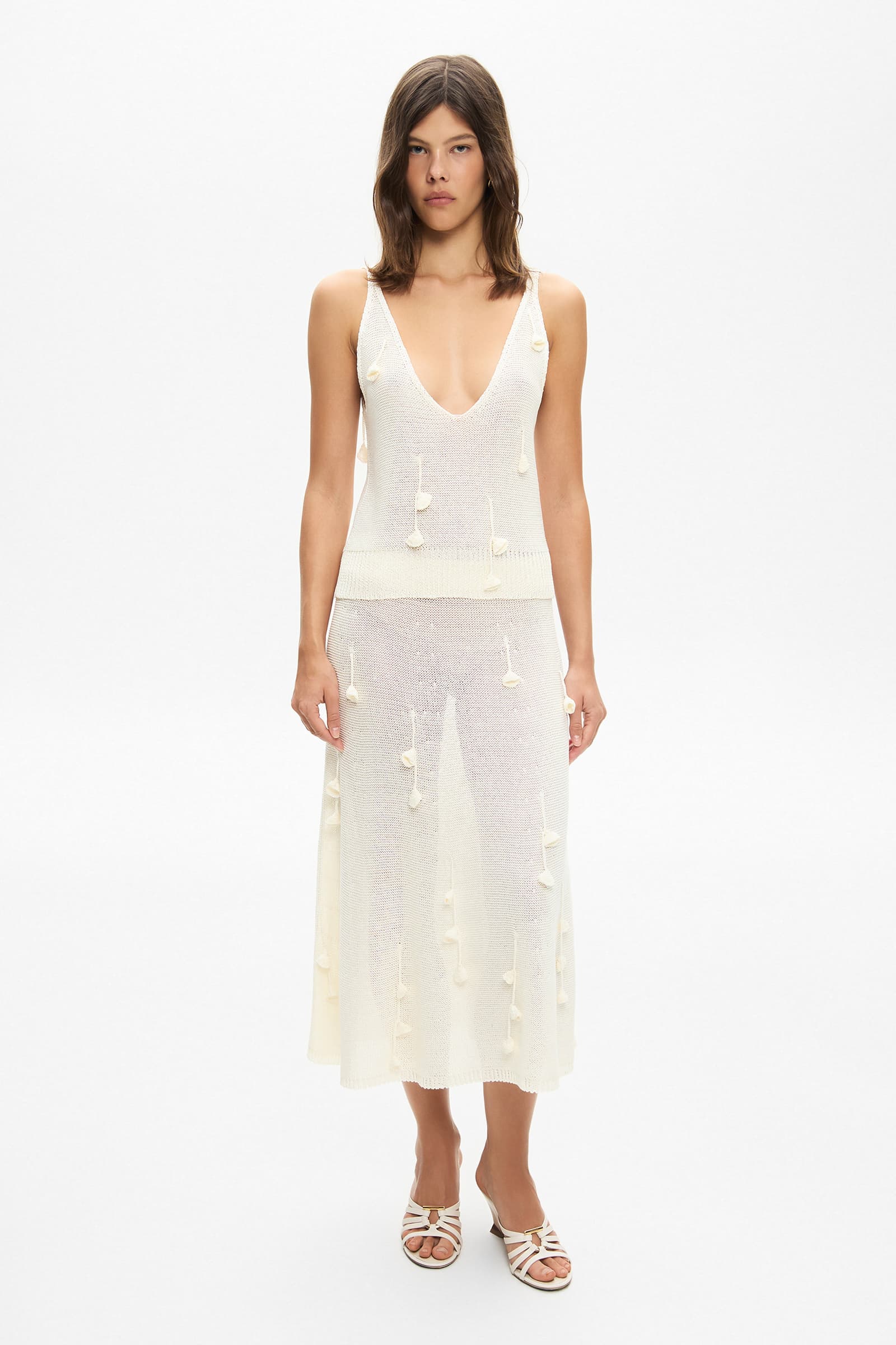 Knitted midi Gertruda skirt with decorated flovers handmade front view