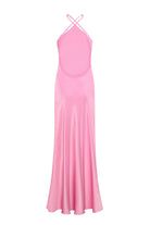 Pink halter neck Angela dress on a white background, back view